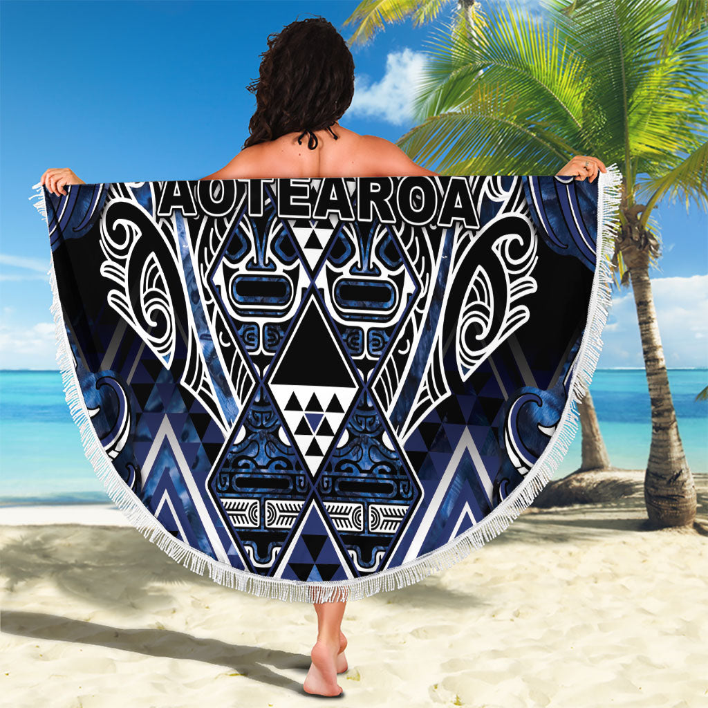Aotearoa Tuwharetoa Beach Blanket Maori Tribal Navy Paua Shell Pattern DT05 - Polynesian Pride