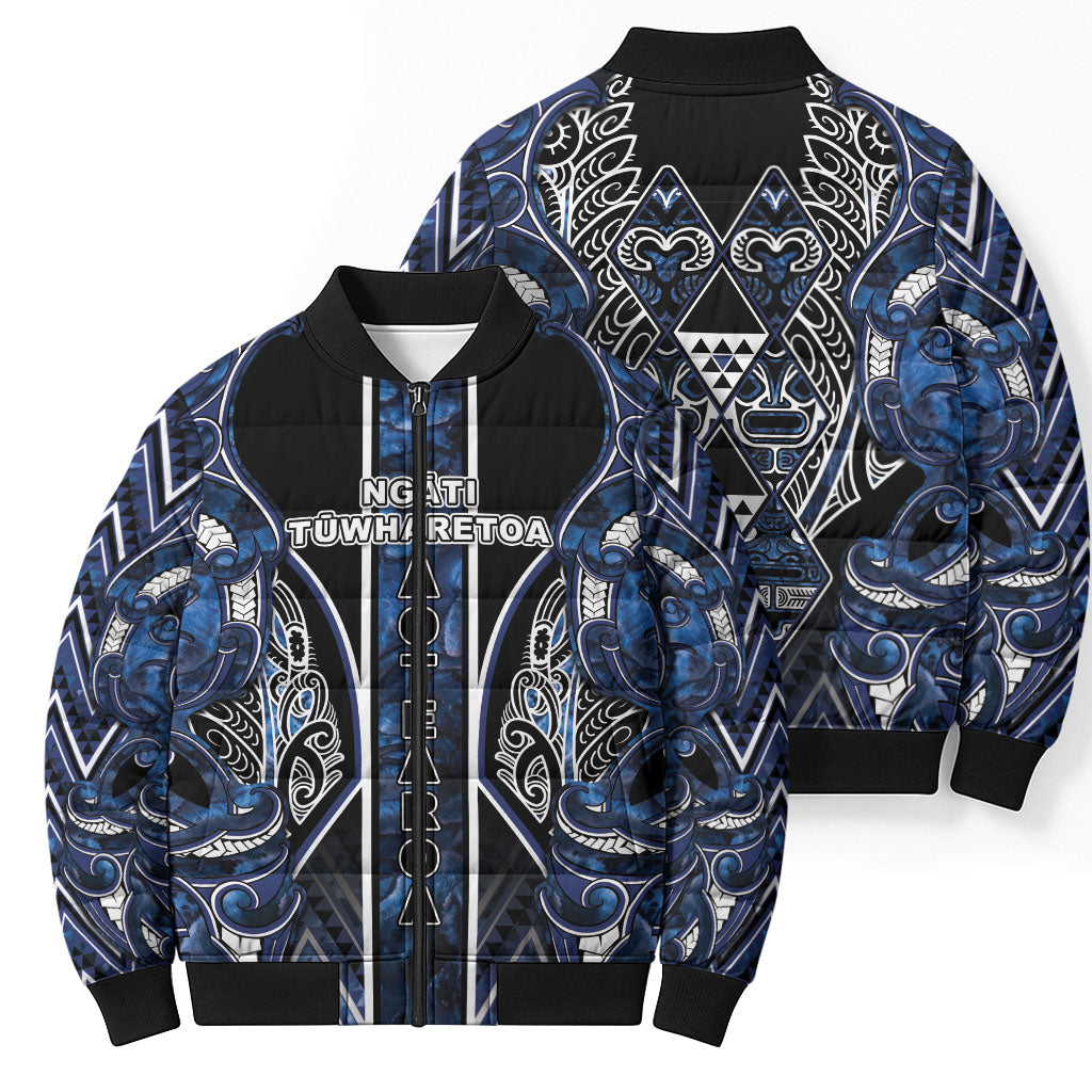 Aotearoa Tuwharetoa Bomber Puffer Jacket Maori Tribal Navy Paua Shell Pattern DT05 - Polynesian Pride