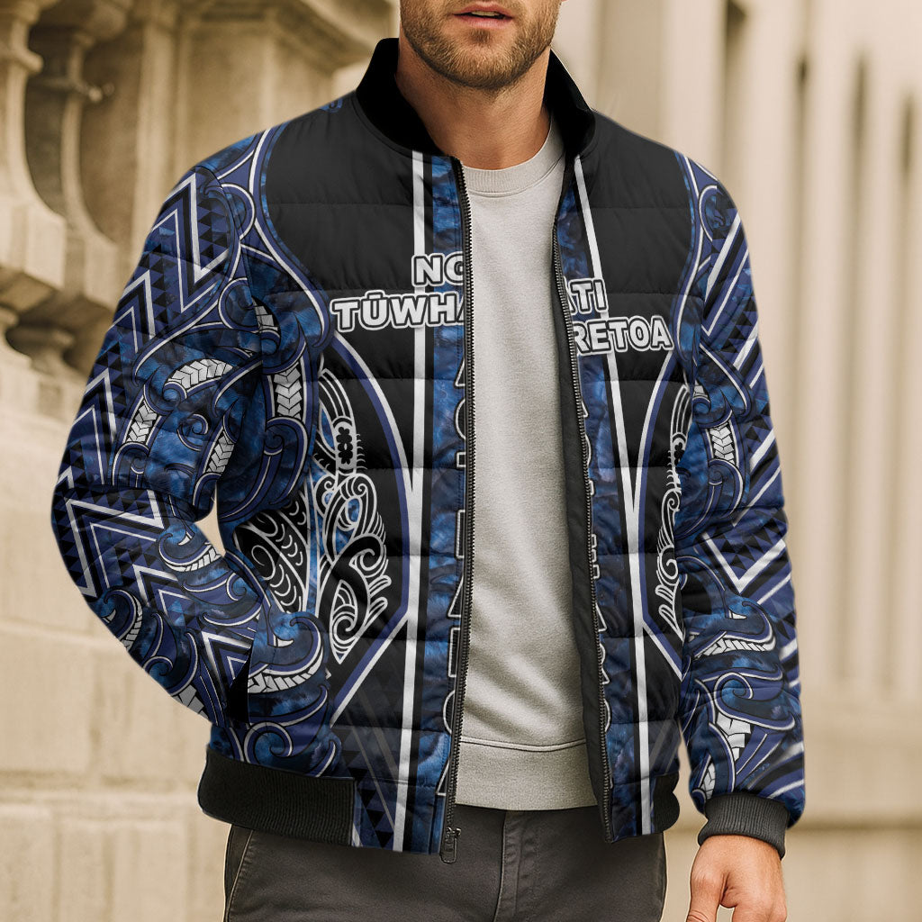 Aotearoa Tuwharetoa Bomber Puffer Jacket Maori Tribal Navy Paua Shell Pattern DT05 - Polynesian Pride