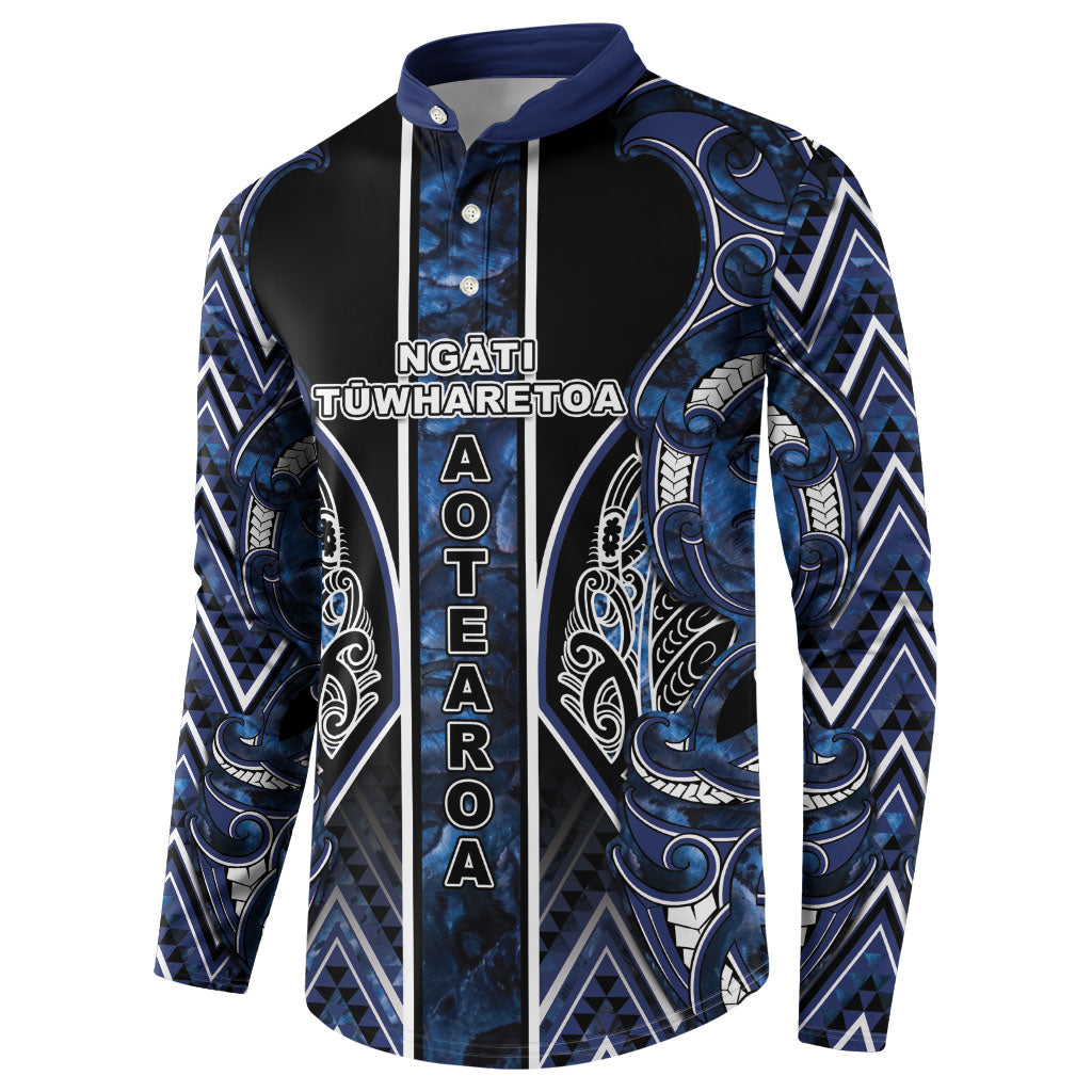 Aotearoa Tuwharetoa Button Sweatshirt Maori Tribal Navy Paua Shell Pattern DT05 - Polynesian Pride