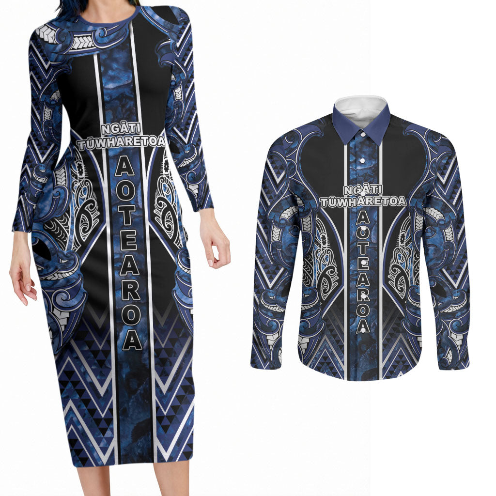 Aotearoa Tuwharetoa Couples Matching Long Sleeve Bodycon Dress and Long Sleeve Button Shirt Maori Tribal Navy Paua Shell Pattern DT05 Navy - Polynesian Pride