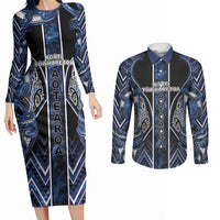 Aotearoa Tuwharetoa Couples Matching Long Sleeve Bodycon Dress and Long Sleeve Button Shirt Maori Tribal Navy Paua Shell Pattern DT05 Navy - Polynesian Pride