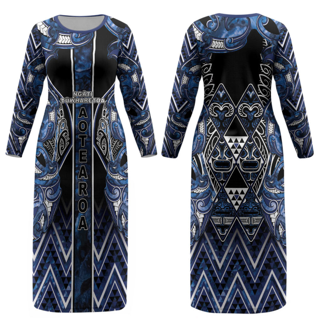 Aotearoa Tuwharetoa Couples Matching Long Sleeve Bodycon Dress and Long Sleeve Button Shirt Maori Tribal Navy Paua Shell Pattern DT05 - Polynesian Pride