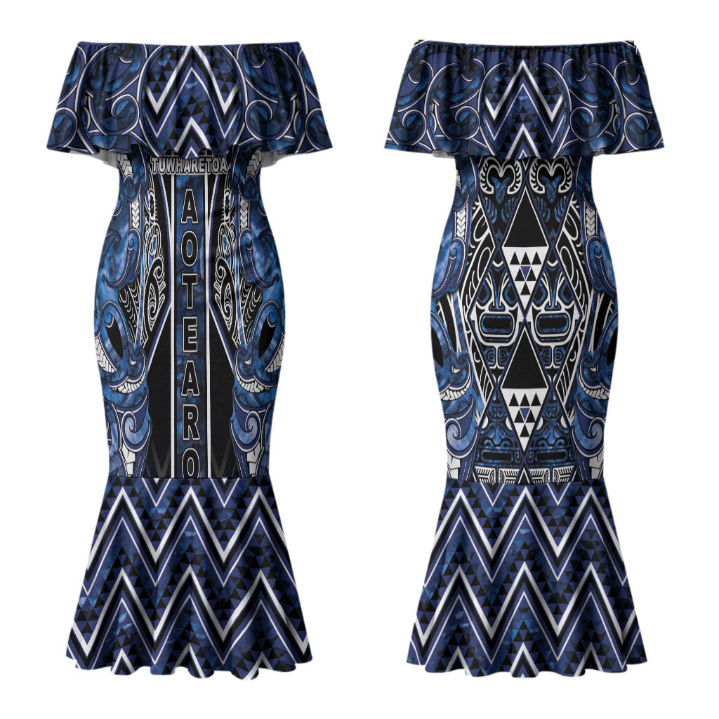 Aotearoa Tuwharetoa Couples Matching Mermaid Dress and Hawaiian Shirt Maori Tribal Navy Paua Shell Pattern DT05 - Polynesian Pride