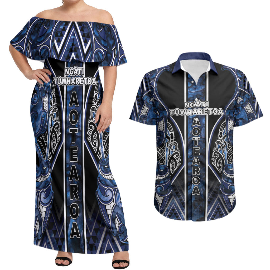 Aotearoa Tuwharetoa Couples Matching Off Shoulder Maxi Dress and Hawaiian Shirt Maori Tribal Navy Paua Shell Pattern DT05 Navy - Polynesian Pride