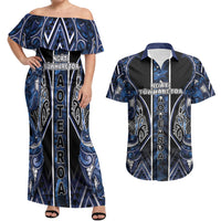 Aotearoa Tuwharetoa Couples Matching Off Shoulder Maxi Dress and Hawaiian Shirt Maori Tribal Navy Paua Shell Pattern DT05 Navy - Polynesian Pride