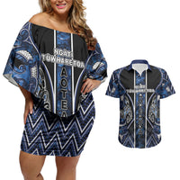 Aotearoa Tuwharetoa Couples Matching Off Shoulder Short Dress and Hawaiian Shirt Maori Tribal Navy Paua Shell Pattern DT05 Navy - Polynesian Pride