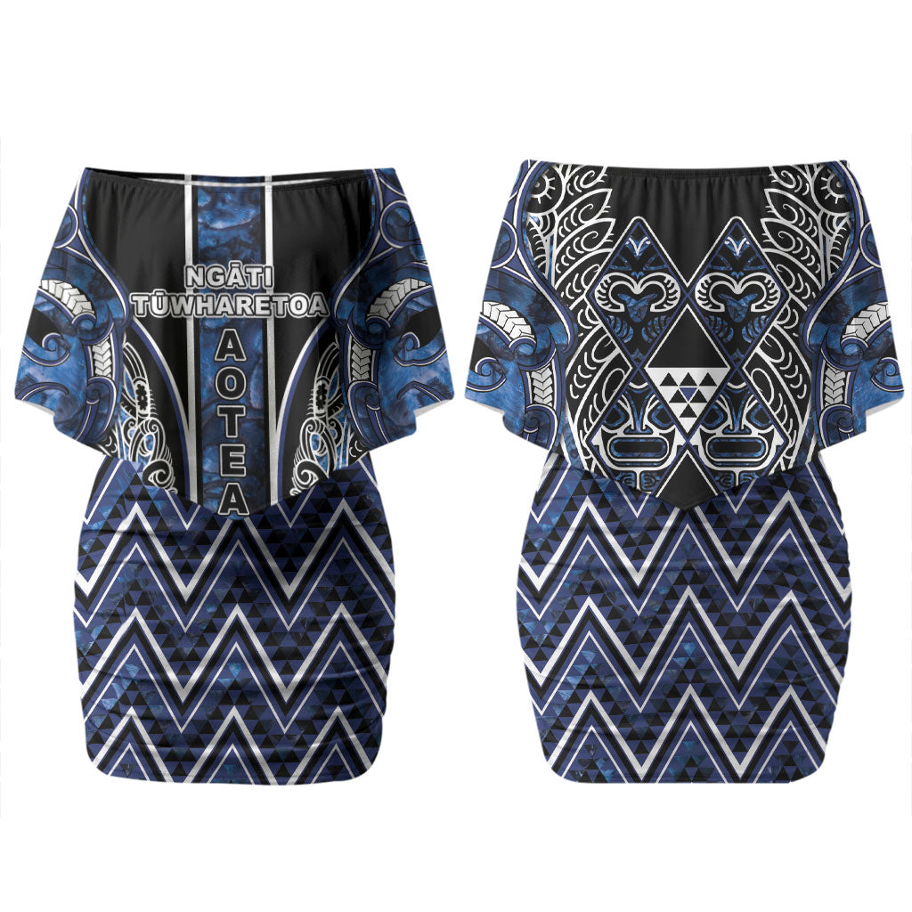 Aotearoa Tuwharetoa Couples Matching Off Shoulder Short Dress and Hawaiian Shirt Maori Tribal Navy Paua Shell Pattern DT05 - Polynesian Pride