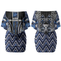 Aotearoa Tuwharetoa Couples Matching Off Shoulder Short Dress and Hawaiian Shirt Maori Tribal Navy Paua Shell Pattern DT05 - Polynesian Pride