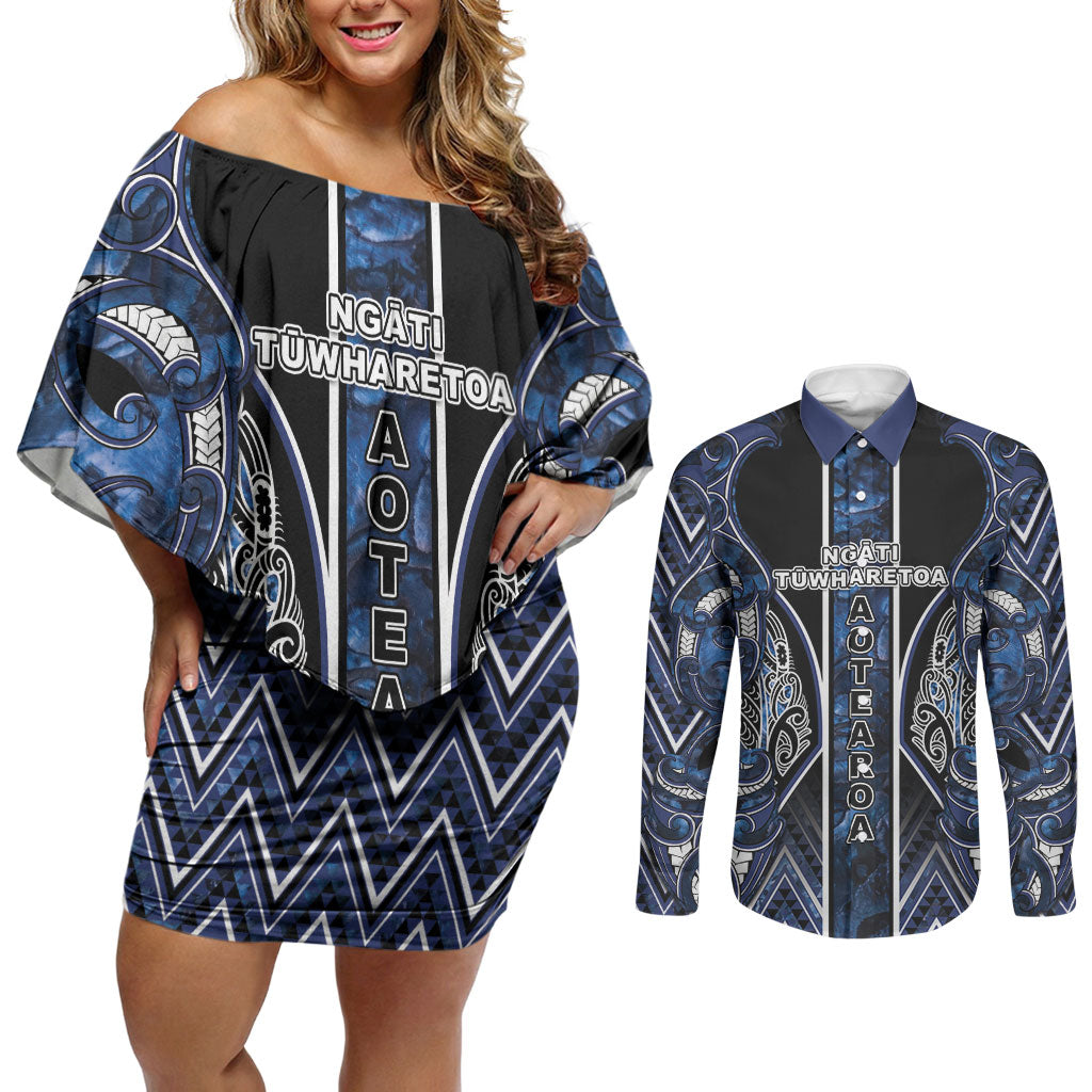 Aotearoa Tuwharetoa Couples Matching Off Shoulder Short Dress and Long Sleeve Button Shirt Maori Tribal Navy Paua Shell Pattern DT05 Navy - Polynesian Pride