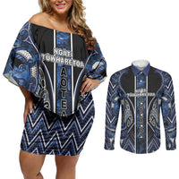 Aotearoa Tuwharetoa Couples Matching Off Shoulder Short Dress and Long Sleeve Button Shirt Maori Tribal Navy Paua Shell Pattern DT05 Navy - Polynesian Pride