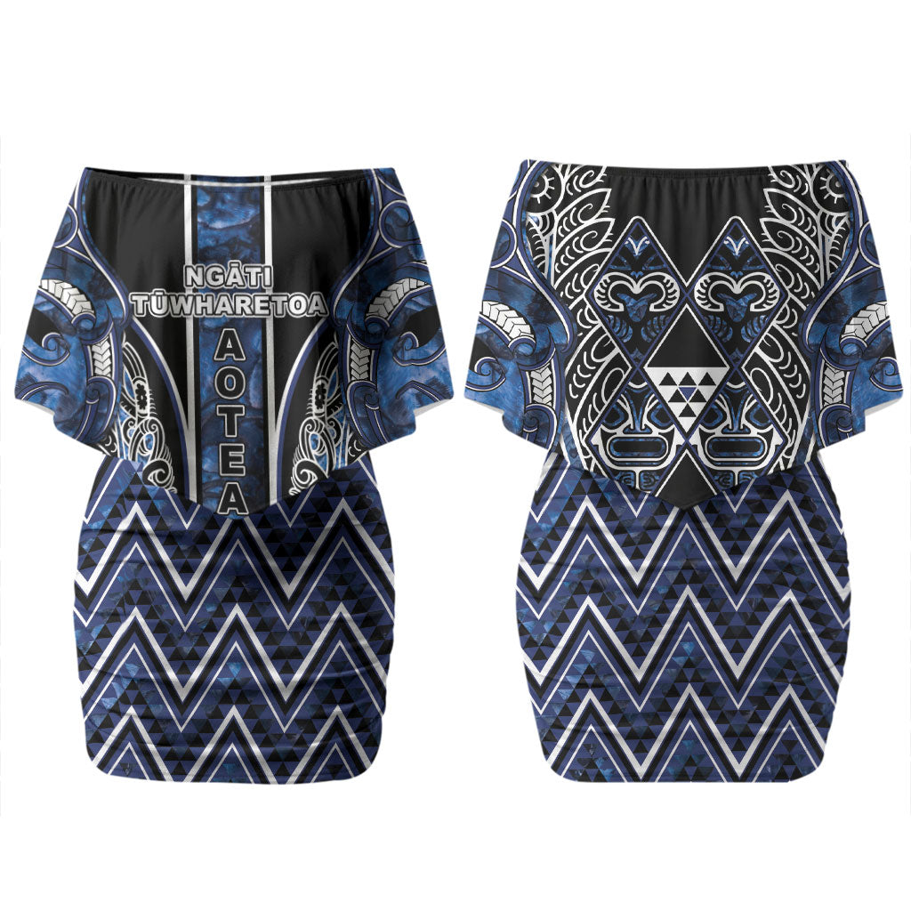 Aotearoa Tuwharetoa Couples Matching Off Shoulder Short Dress and Long Sleeve Button Shirt Maori Tribal Navy Paua Shell Pattern DT05 - Polynesian Pride