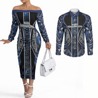Aotearoa Tuwharetoa Couples Matching Off The Shoulder Long Sleeve Dress and Long Sleeve Button Shirt Maori Tribal Navy Paua Shell Pattern DT05 Navy - Polynesian Pride