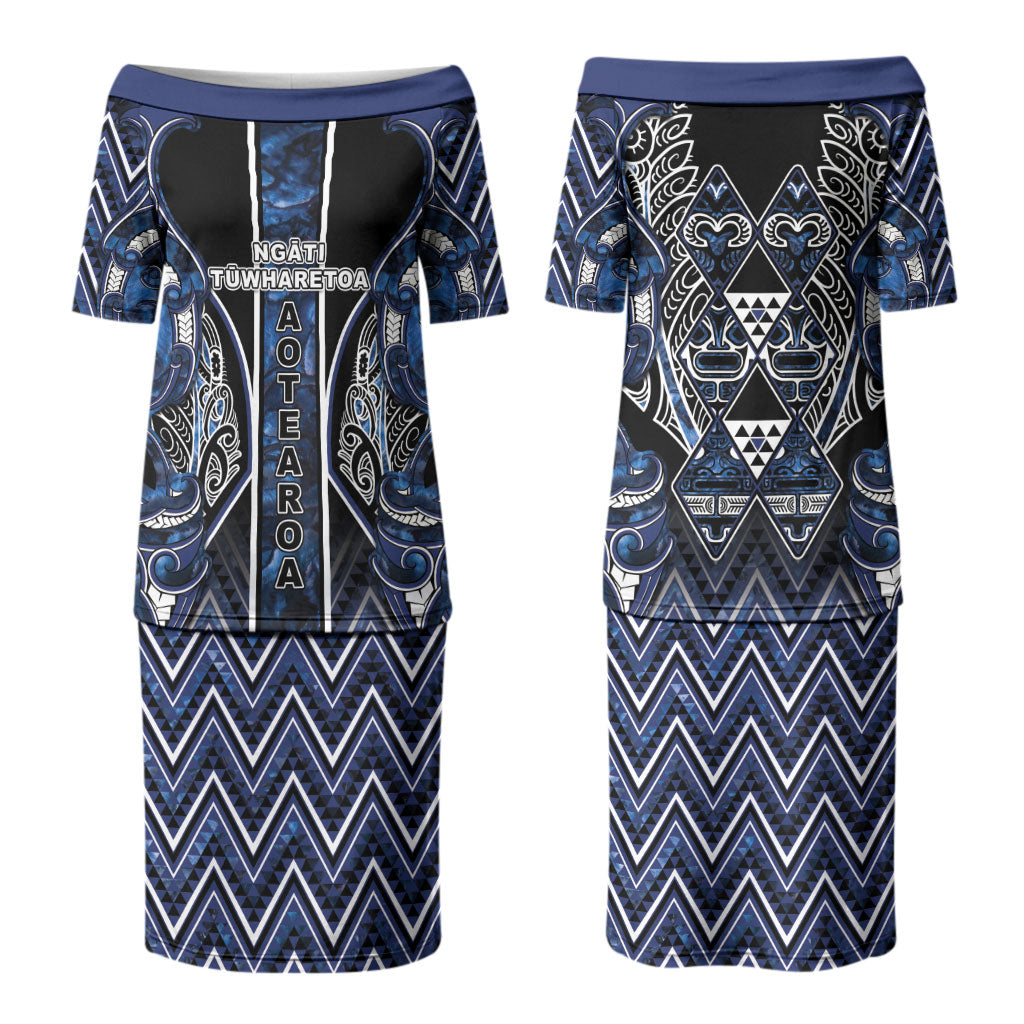 Aotearoa Tuwharetoa Couples Matching Puletasi and Hawaiian Shirt Maori Tribal Navy Paua Shell Pattern DT05 - Polynesian Pride