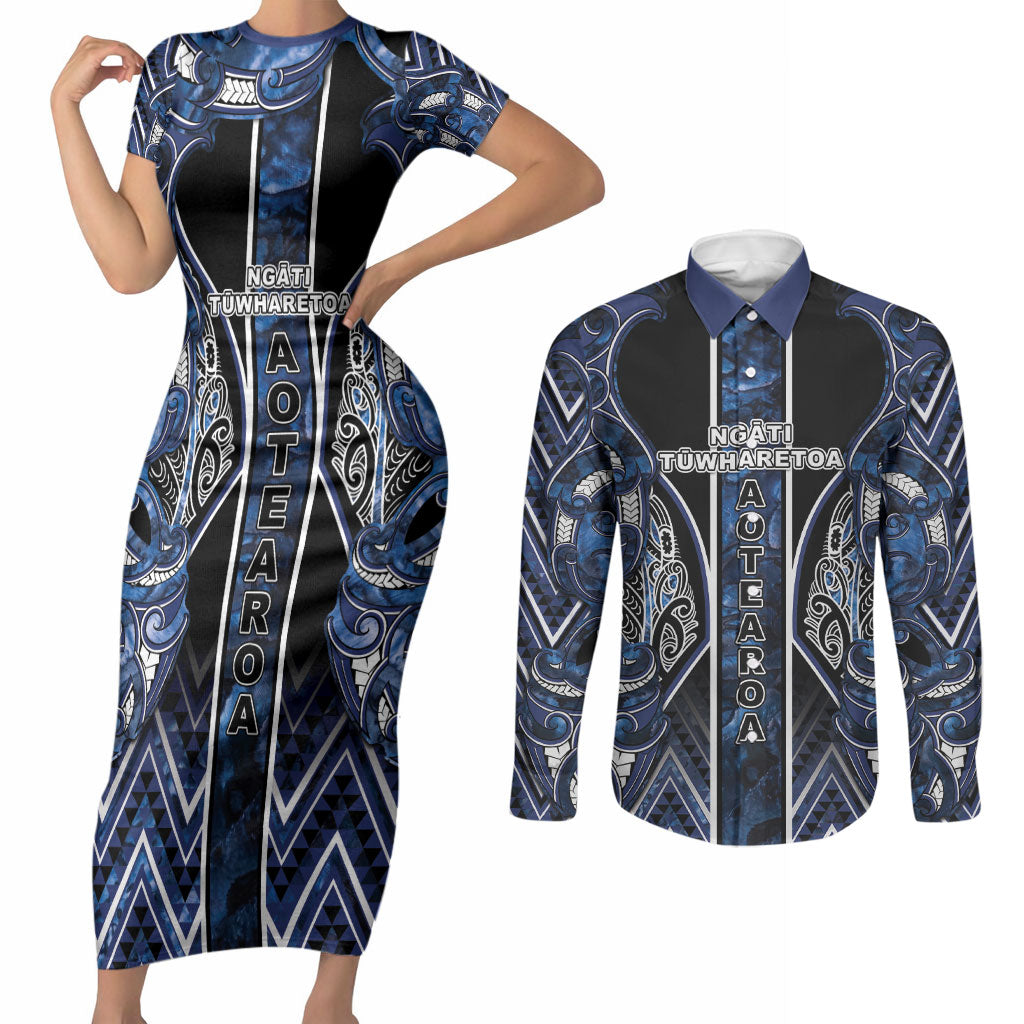 Aotearoa Tuwharetoa Couples Matching Short Sleeve Bodycon Dress and Long Sleeve Button Shirt Maori Tribal Navy Paua Shell Pattern DT05 Navy - Polynesian Pride