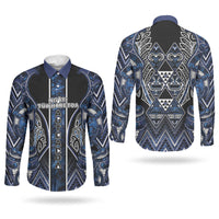 Aotearoa Tuwharetoa Couples Matching Short Sleeve Bodycon Dress and Long Sleeve Button Shirt Maori Tribal Navy Paua Shell Pattern DT05 - Polynesian Pride