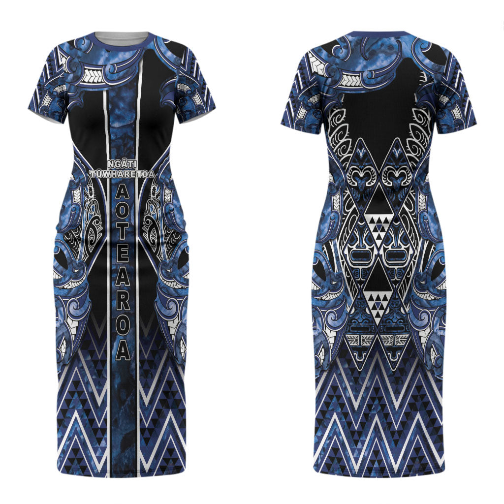 Aotearoa Tuwharetoa Couples Matching Short Sleeve Bodycon Dress and Long Sleeve Button Shirt Maori Tribal Navy Paua Shell Pattern DT05 - Polynesian Pride
