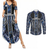 Aotearoa Tuwharetoa Couples Matching Summer Maxi Dress and Long Sleeve Button Shirt Maori Tribal Navy Paua Shell Pattern DT05 Navy - Polynesian Pride