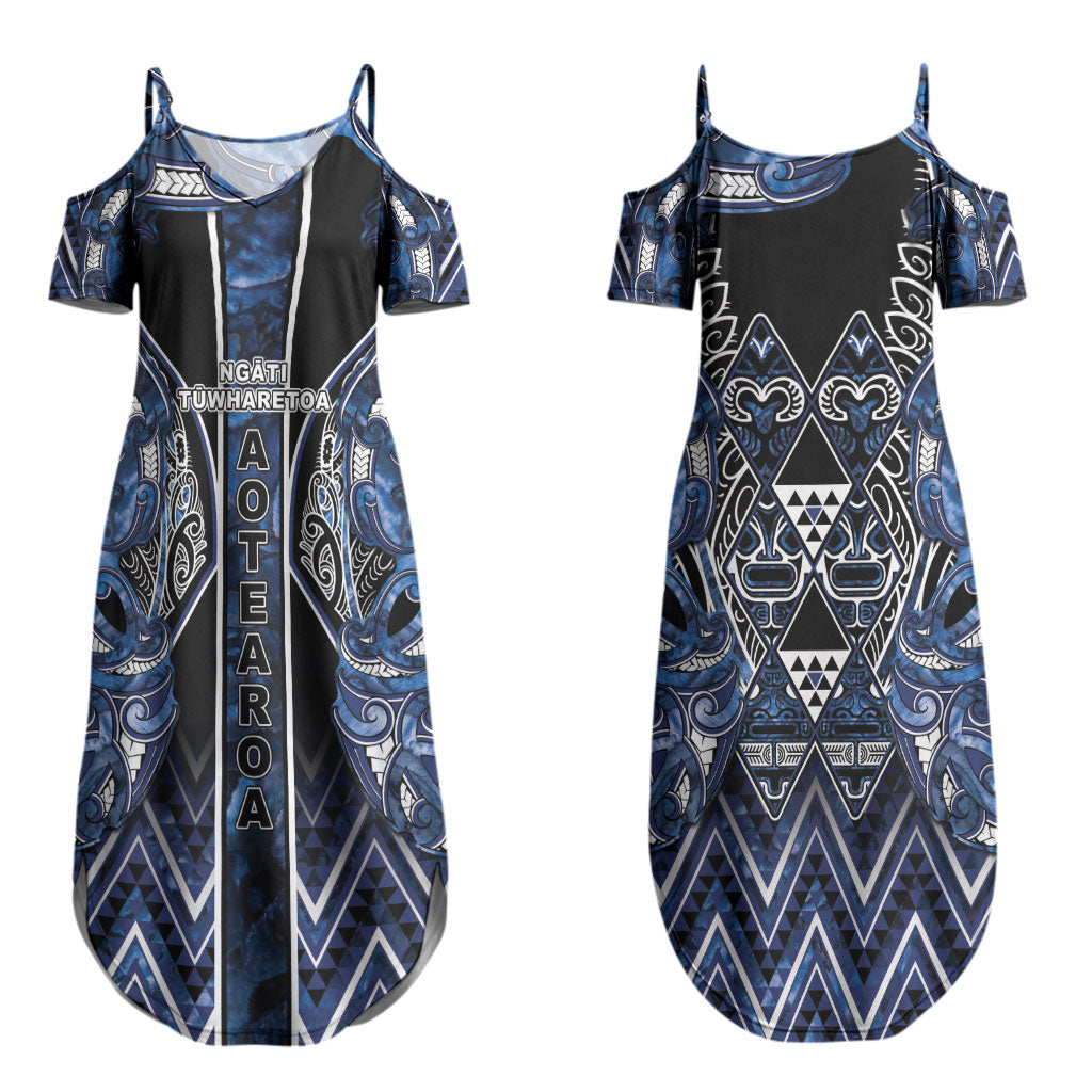 Aotearoa Tuwharetoa Couples Matching Summer Maxi Dress and Long Sleeve Button Shirt Maori Tribal Navy Paua Shell Pattern DT05 - Polynesian Pride