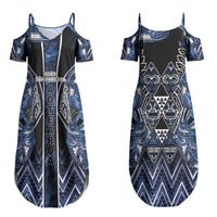 Aotearoa Tuwharetoa Couples Matching Summer Maxi Dress and Long Sleeve Button Shirt Maori Tribal Navy Paua Shell Pattern DT05 - Polynesian Pride