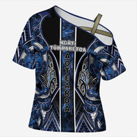 Aotearoa Tuwharetoa Cross Shoulder Shirt Maori Tribal Navy Paua Shell Pattern DT05 Female Navy - Polynesian Pride