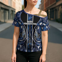 Aotearoa Tuwharetoa Cross Shoulder Shirt Maori Tribal Navy Paua Shell Pattern DT05 - Polynesian Pride