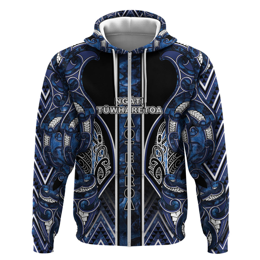 Aotearoa Tuwharetoa Hoodie Maori Tribal Navy Paua Shell Pattern DT05 Zip Hoodie Navy - Polynesian Pride