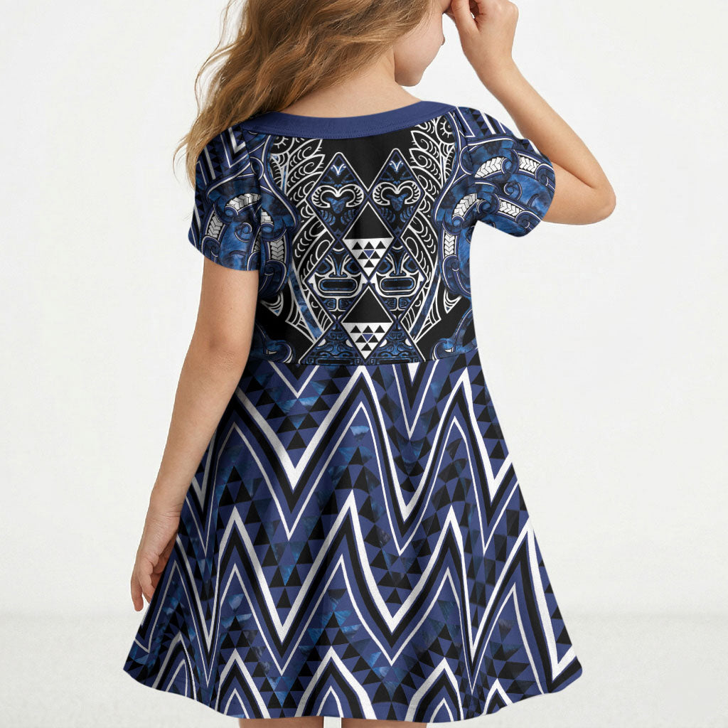 Aotearoa Tuwharetoa Kid Short Sleeve Dress Maori Tribal Navy Paua Shell Pattern DT05 - Polynesian Pride