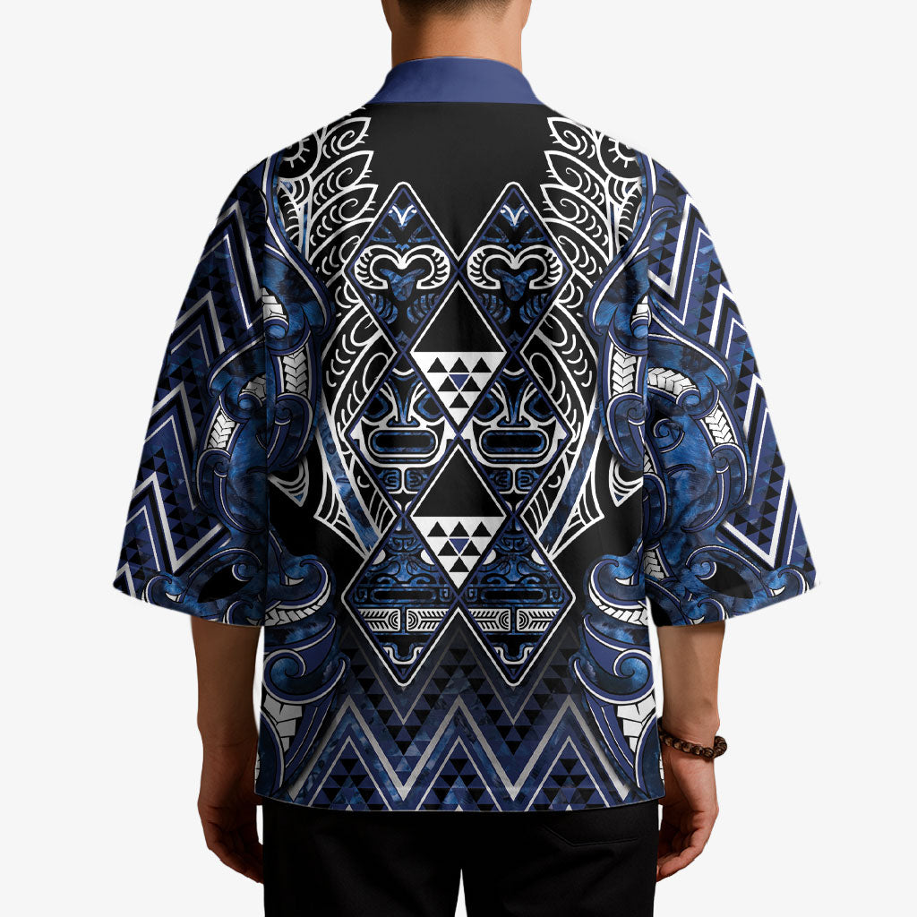 Aotearoa Tuwharetoa Kimono Maori Tribal Navy Paua Shell Pattern DT05 - Polynesian Pride