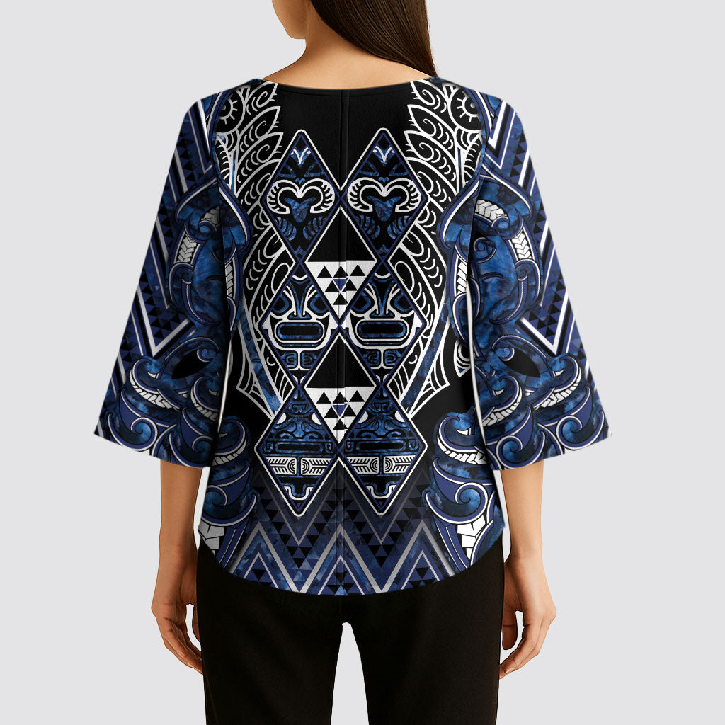 Aotearoa Tuwharetoa Kimono Sleeve Blouse Maori Tribal Navy Paua Shell Pattern DT05 - Polynesian Pride