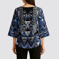 Aotearoa Tuwharetoa Kimono Sleeve Blouse Maori Tribal Navy Paua Shell Pattern DT05 - Polynesian Pride