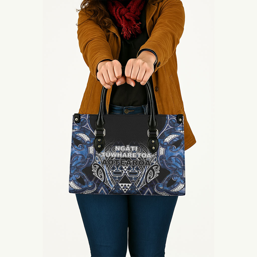 Aotearoa Tuwharetoa Leather Bag Maori Tribal Navy Paua Shell Pattern DT05 - Polynesian Pride
