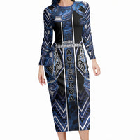 Aotearoa Tuwharetoa Long Sleeve Bodycon Dress Maori Tribal Navy Paua Shell Pattern DT05 Long Dress Navy - Polynesian Pride