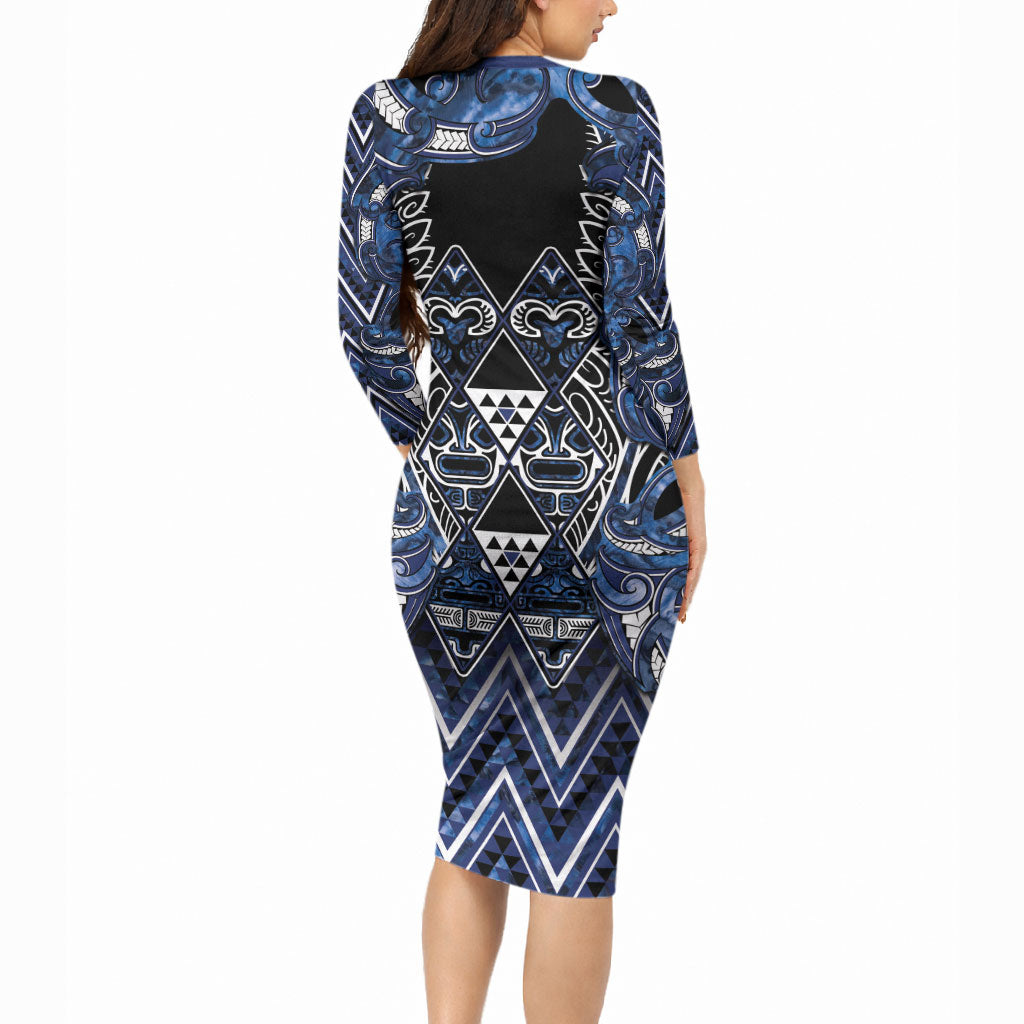 Aotearoa Tuwharetoa Long Sleeve Bodycon Dress Maori Tribal Navy Paua Shell Pattern DT05 - Polynesian Pride