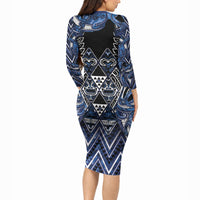Aotearoa Tuwharetoa Long Sleeve Bodycon Dress Maori Tribal Navy Paua Shell Pattern DT05 - Polynesian Pride