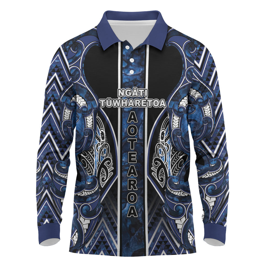 Aotearoa Tuwharetoa Long Sleeve Polo Shirt Maori Tribal Navy Paua Shell Pattern DT05 Navy - Polynesian Pride