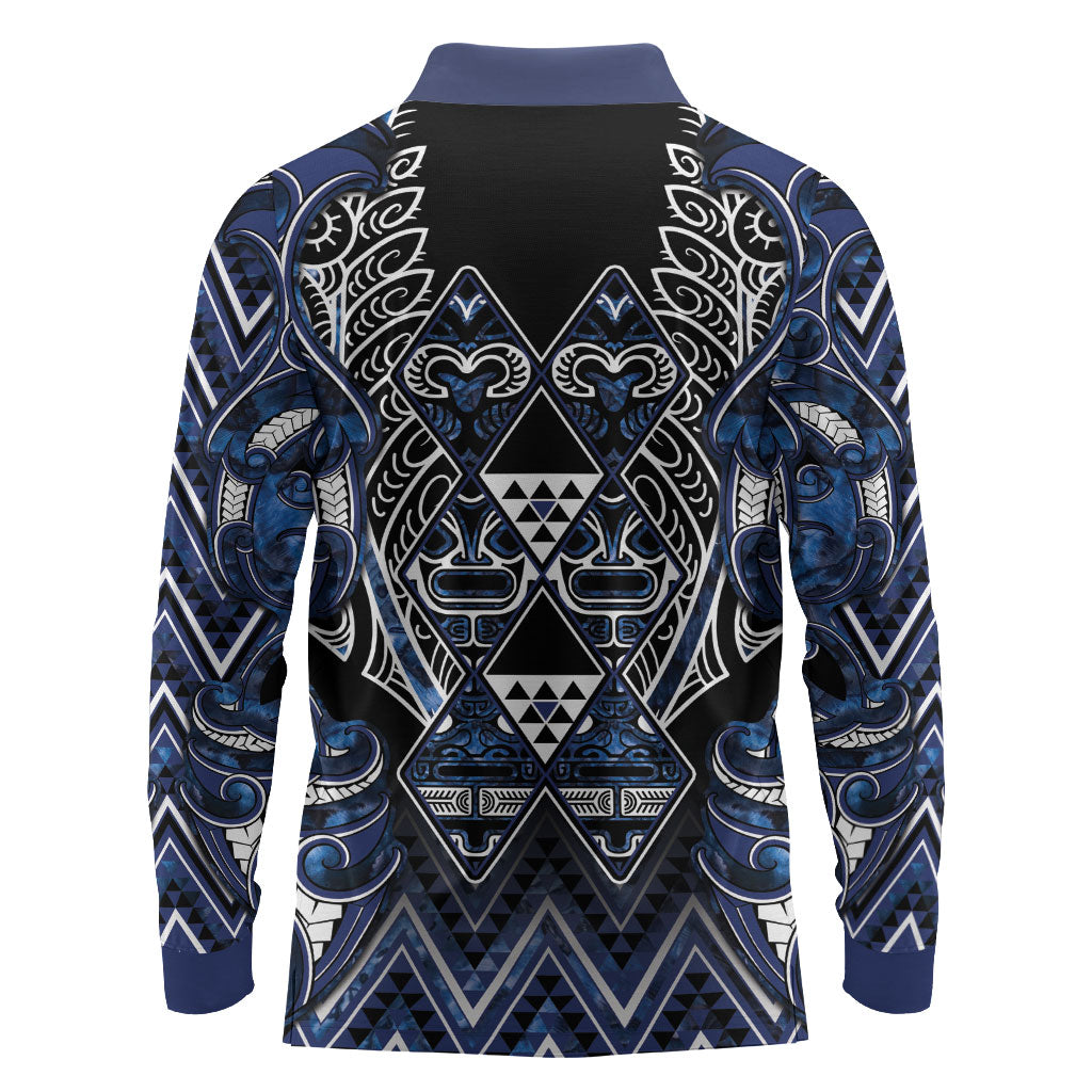 Aotearoa Tuwharetoa Long Sleeve Polo Shirt Maori Tribal Navy Paua Shell Pattern DT05 - Polynesian Pride