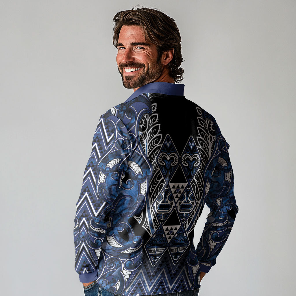 Aotearoa Tuwharetoa Long Sleeve Polo Shirt Maori Tribal Navy Paua Shell Pattern DT05 - Polynesian Pride