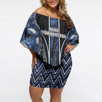 Aotearoa Tuwharetoa Off Shoulder Short Dress Maori Tribal Navy Paua Shell Pattern DT05 Women Navy - Polynesian Pride