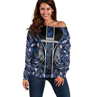 Aotearoa Tuwharetoa Off Shoulder Sweater Maori Tribal Navy Paua Shell Pattern DT05 Women Navy - Polynesian Pride