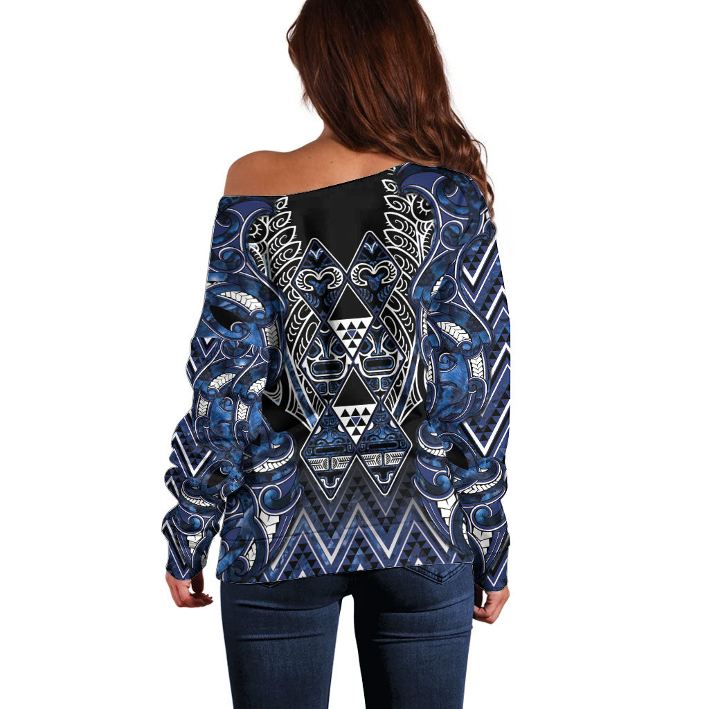 Aotearoa Tuwharetoa Off Shoulder Sweater Maori Tribal Navy Paua Shell Pattern DT05 - Polynesian Pride