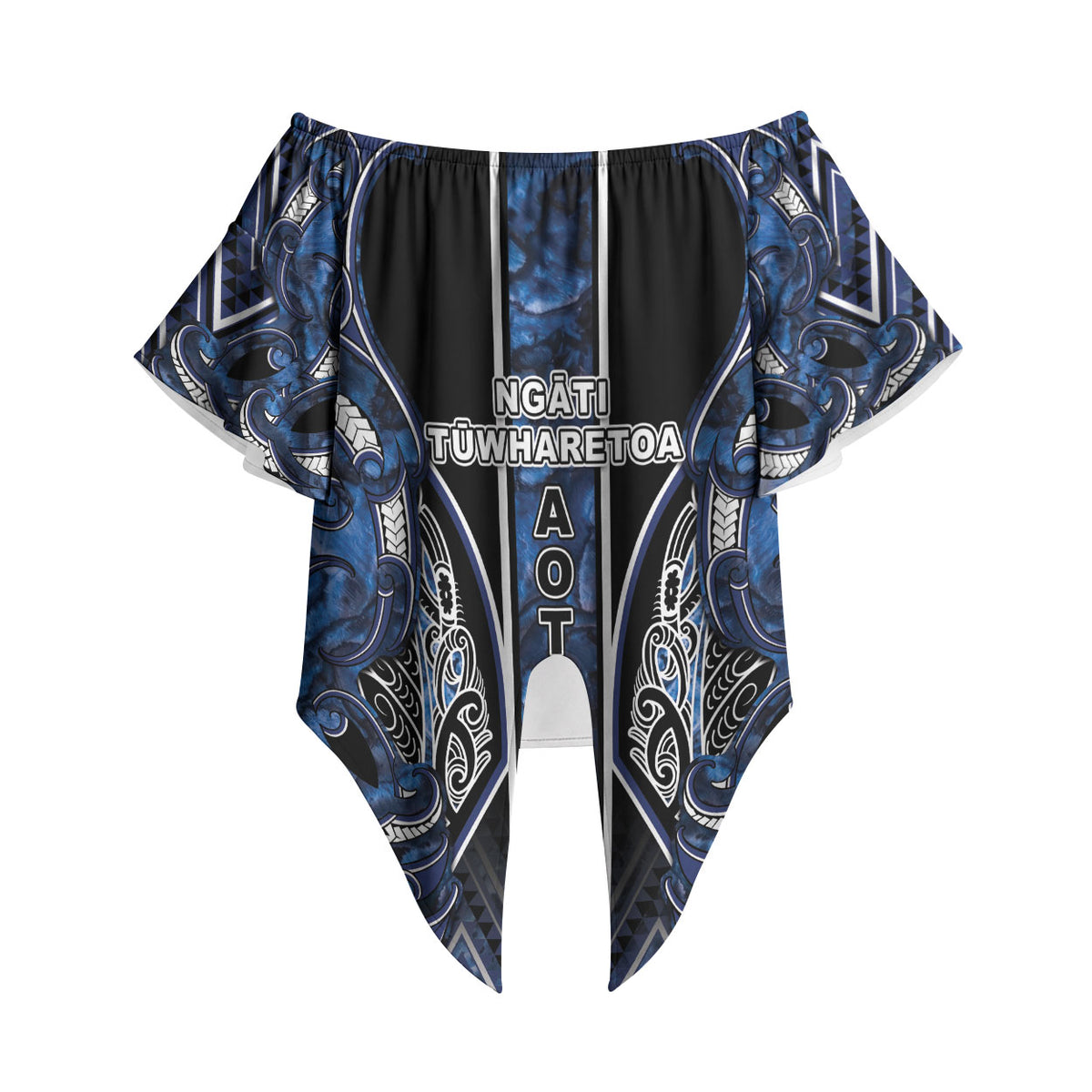 Aotearoa Tuwharetoa Off Shoulder Wrap Waist Top Maori Tribal Navy Paua Shell Pattern DT05 - Polynesian Pride
