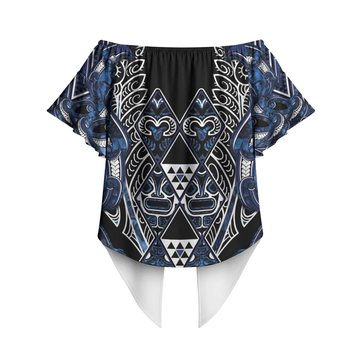Aotearoa Tuwharetoa Off Shoulder Wrap Waist Top Maori Tribal Navy Paua Shell Pattern DT05 - Polynesian Pride