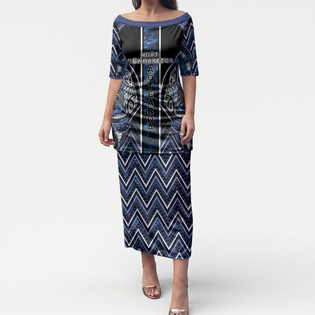 Aotearoa Tuwharetoa Puletasi Maori Tribal Navy Paua Shell Pattern DT05 Long Dress Navy - Polynesian Pride