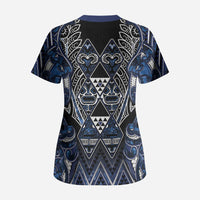 Aotearoa Tuwharetoa Scrub Top Maori Tribal Navy Paua Shell Pattern DT05 - Polynesian Pride