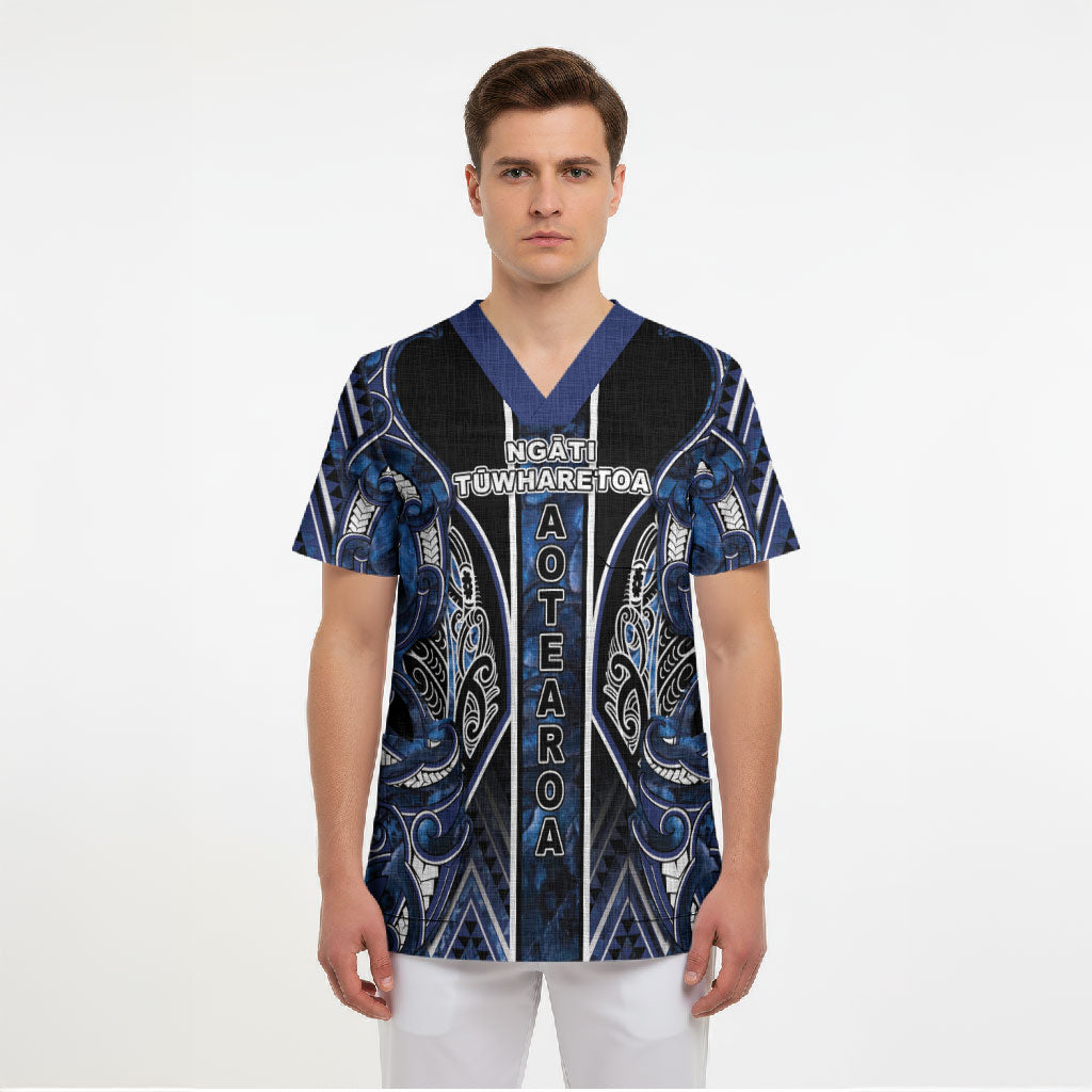 Aotearoa Tuwharetoa Scrub Top Maori Tribal Navy Paua Shell Pattern DT05 - Polynesian Pride
