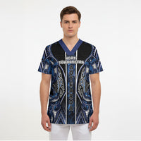 Aotearoa Tuwharetoa Scrub Top Maori Tribal Navy Paua Shell Pattern DT05 - Polynesian Pride