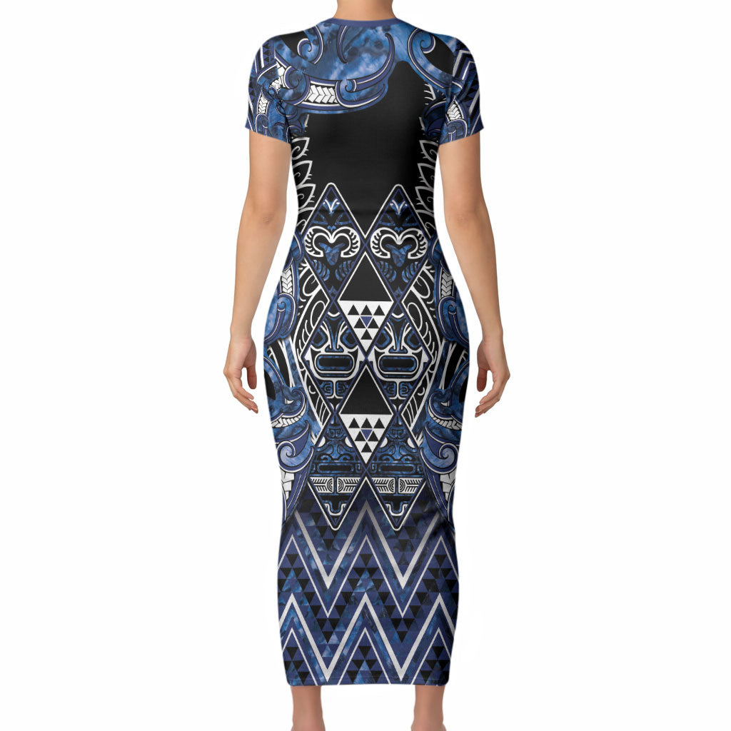 Aotearoa Tuwharetoa Short Sleeve Bodycon Dress Maori Tribal Navy Paua Shell Pattern DT05 - Polynesian Pride