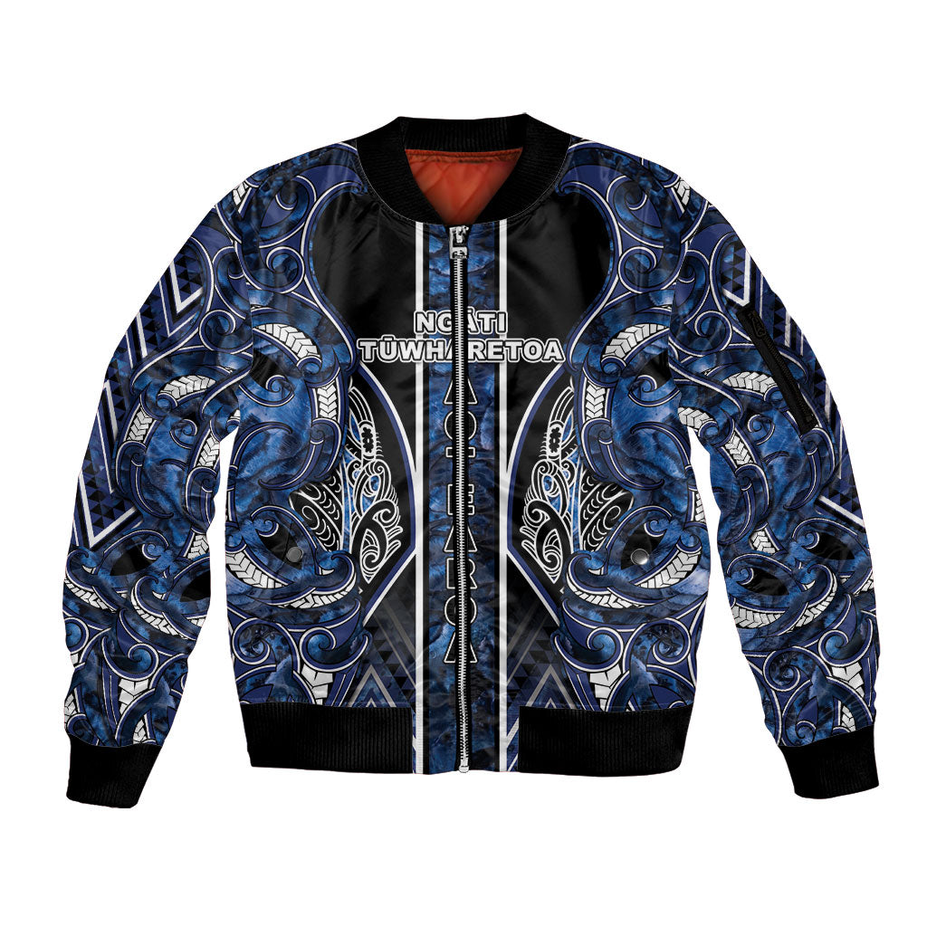 Aotearoa Tuwharetoa Sleeve Zip Bomber Jacket Maori Tribal Navy Paua Shell Pattern DT05 Unisex Navy - Polynesian Pride
