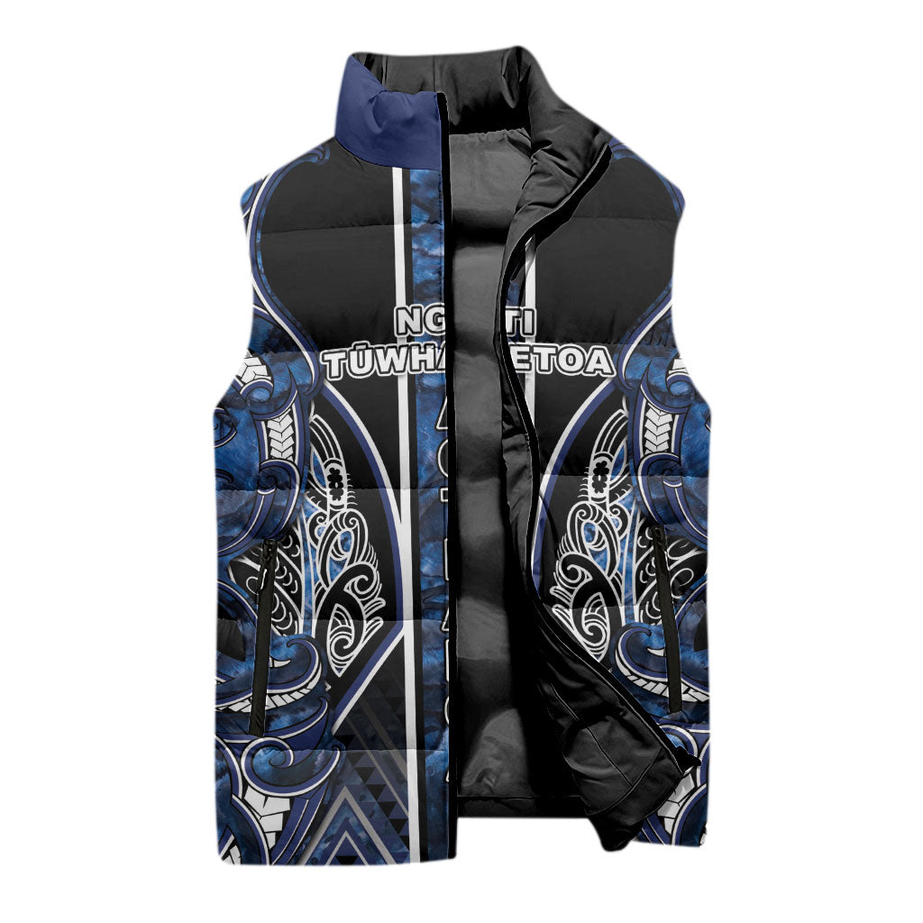 Aotearoa Tuwharetoa Sleeveless Puffer Jacket Maori Tribal Navy Paua Shell Pattern DT05 - Polynesian Pride
